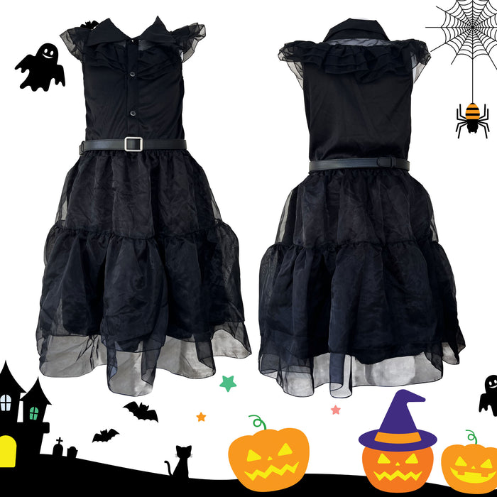 Childrens Kids Girls Scary Daughter Gothic Family Lace Dress Wig Fancy Dress Costume 7-12 Years