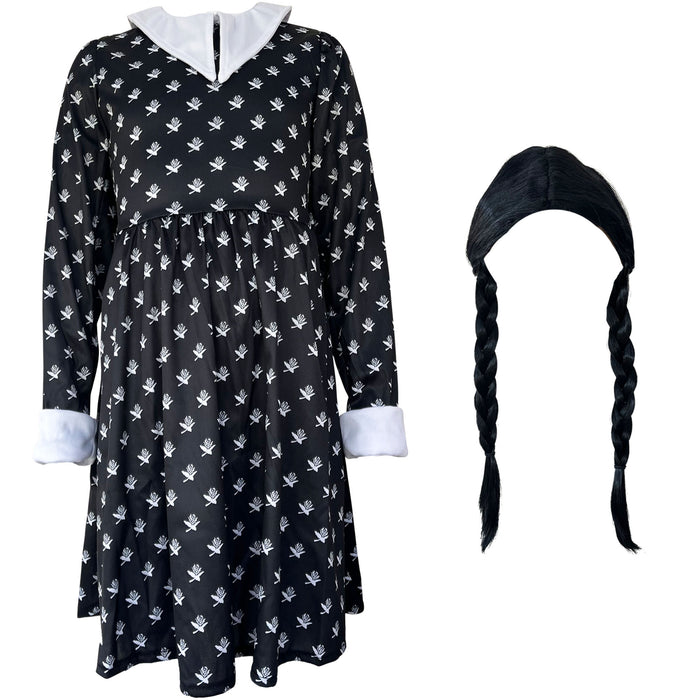 Childrens Kids Girls Scary Daughter Gothic Family Patterned Fancy Dress Costume and Wig 7-12 Years
