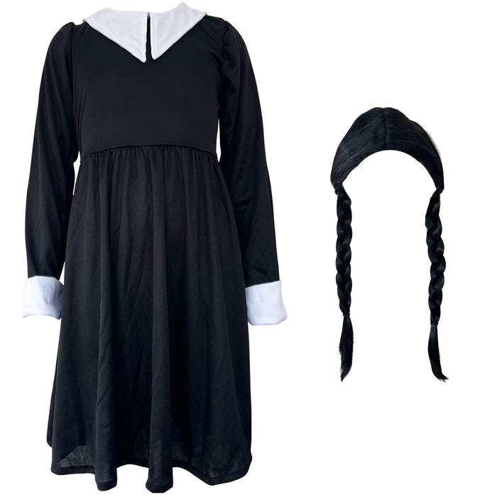 Childrens Kids Girls Scary Daughter Gothic Family Fancy Dress Costume and Wig 7-12 Years