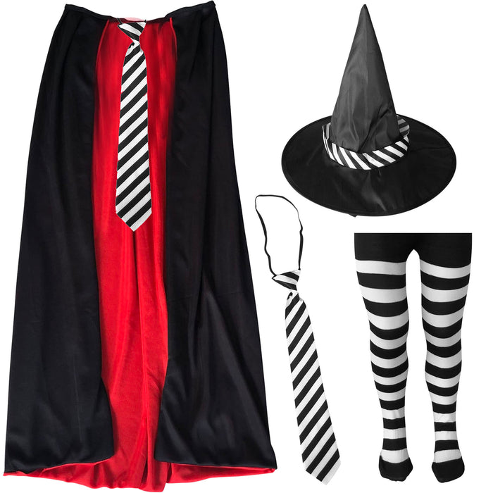 Childrens Kids Girls 4 Piece Striped Witch Fancy Dress Costume World Book Day (Cape,Hat,Tie,Tights)