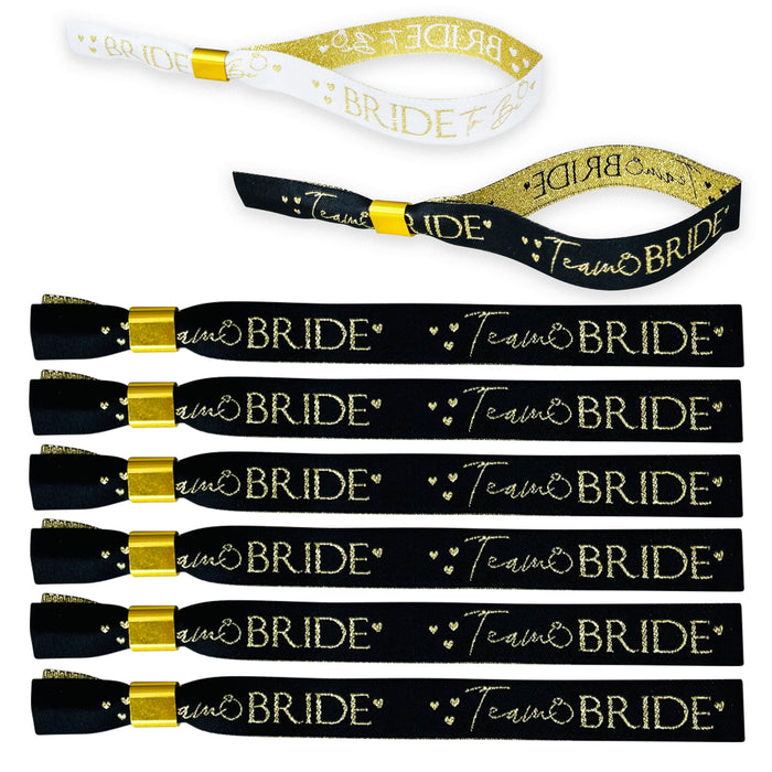 8 Black and Gold Team Bride Hen Party Wristbands and 1 Bride to Be Wristband
