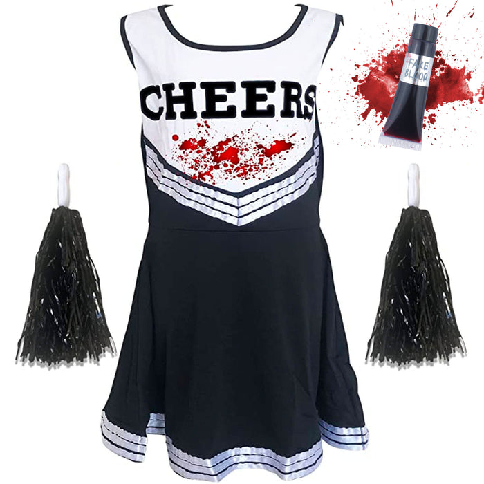 Childrens Kids Girls Zombie Cheerleader Black Fancy Dress Costume Tights and Fake Blood