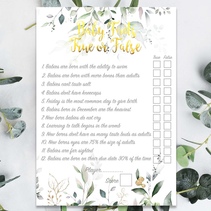 Pack of 12 Baby Facts True or False Trivia Cards Card Game Neutral Botanical Floral