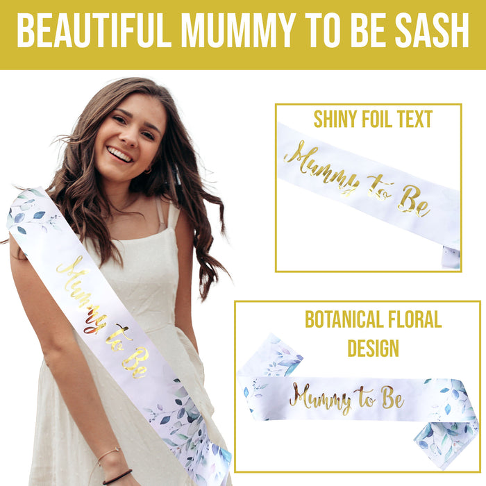 Mummy to Be Sash Neutral Botanical Floral Gold Text Baby Shower