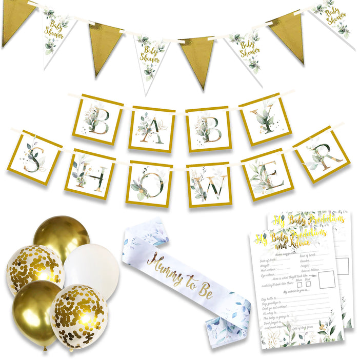 25 Piece Botanical Floral Gold Baby Shower Decorations Set Balloons Bunting Banner Sash Advice and Predictions Neutral