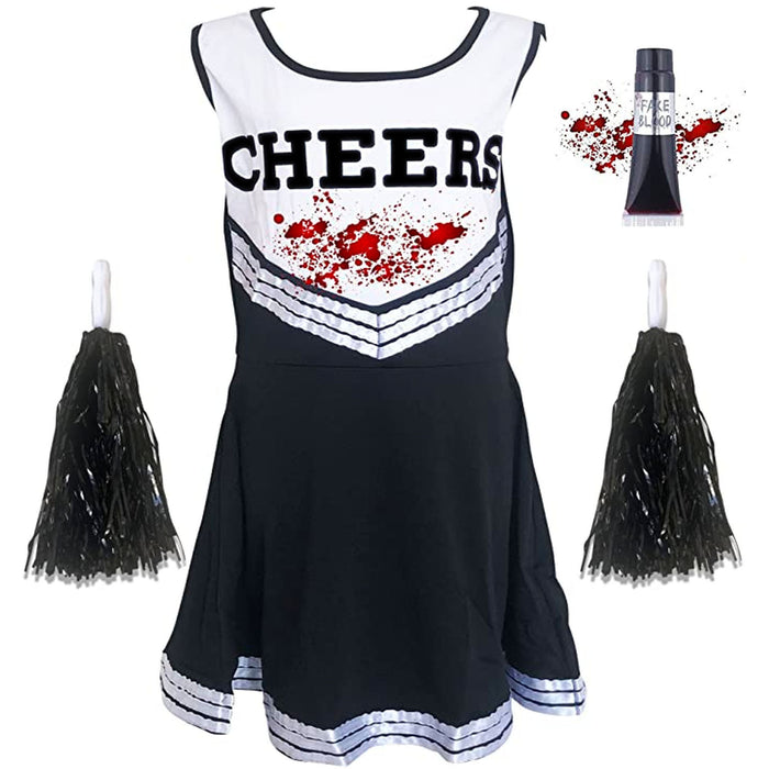 Childrens Kids Girls Zombie Cheerleader Fancy Dress Costume Black and Fake Blood