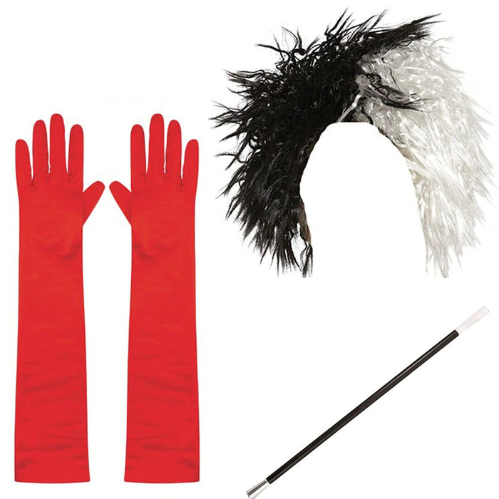 Dalmatian 3 Piece Costume Set (Black and White Wig, Red Gloves, Cigarette Holder)