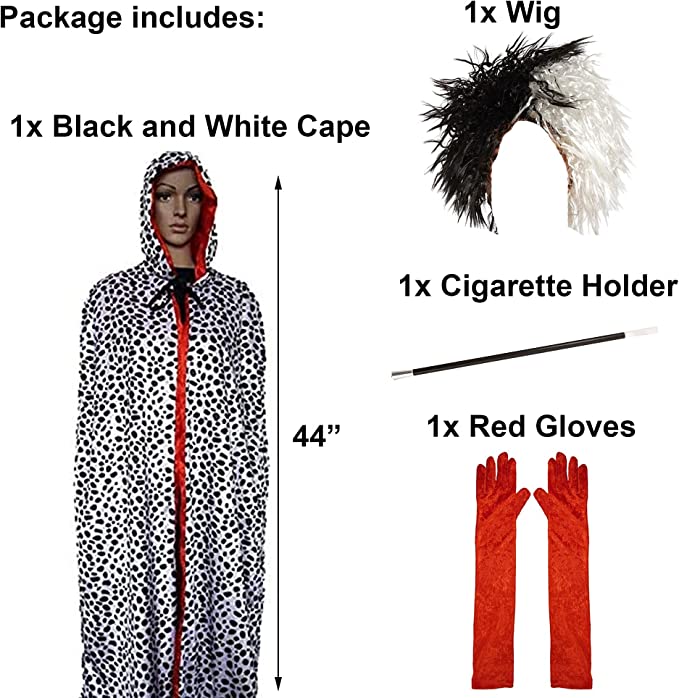 Ladies Dalmatian Fancy Dress Costume (Cape, Wig, Long Holder, Red Gloves)