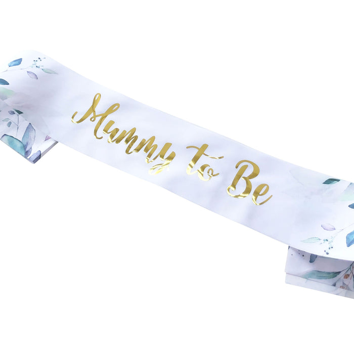 Mummy to Be Sash Neutral Botanical Floral Gold Text Baby Shower