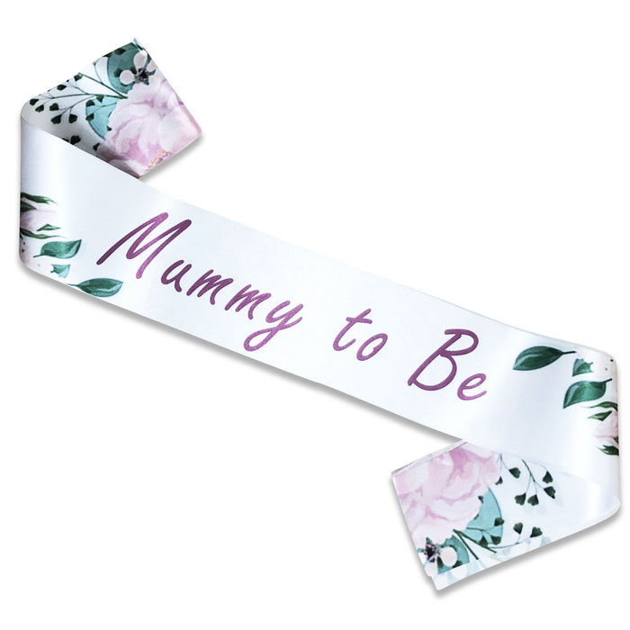 Mummy to Be Sash Pink Floral Rose Gold Text Baby Shower Girl