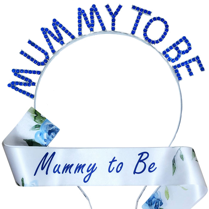 Mummy to Be Blue Rhinestone Tiara and Sash Blue Floral Navy Text Baby Shower
