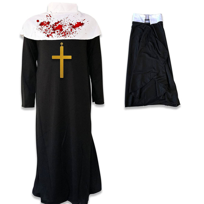 Childrens Kids Girls Zombie Nun Sister Fancy Dress Costume and Cross Necklace