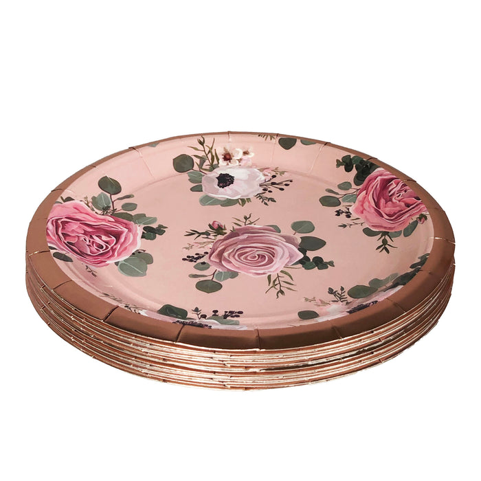 9 inch Rose Gold Floral Paper Plates - Pack of 8