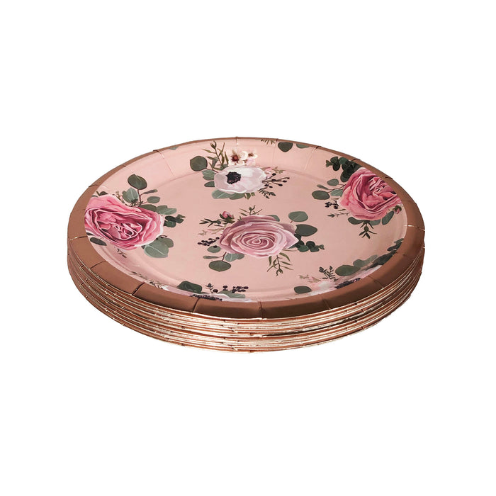 7 inch Rose Gold Floral Paper Plates - Pack of 8