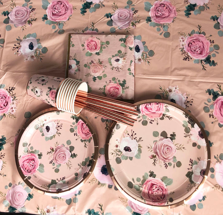 Rose Gold Dinnerware Set for 16 Guests (Cups, Plates, Napkins and Straws)