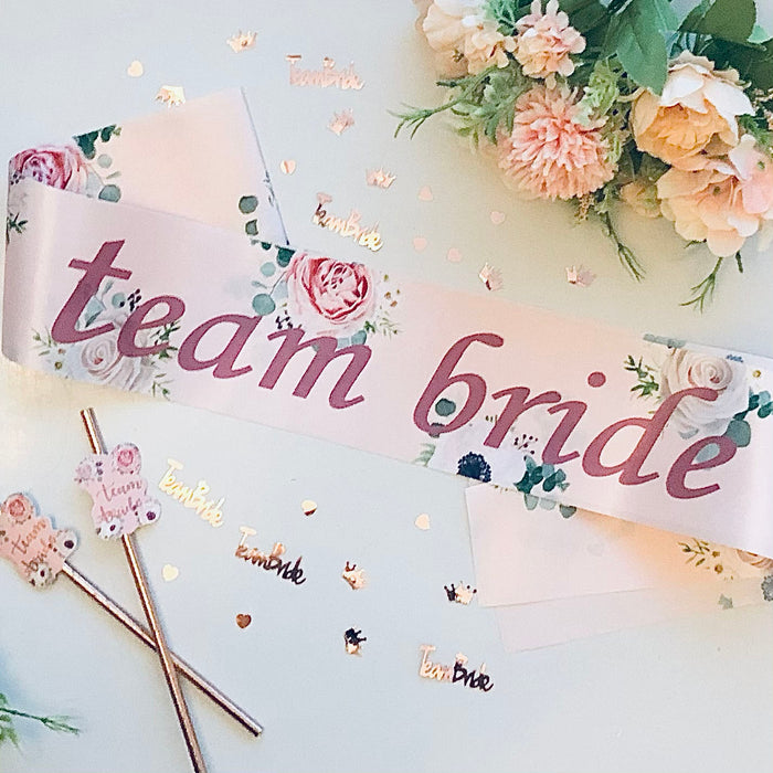 Pack of 12 Team Bride Sashes and 1 Bride to Be Sash, Rose Gold Floral