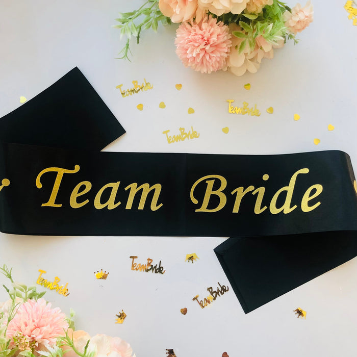 Pack of 12 Team Bride Sashes and 1 Bride to Be Sash, Black and Gold