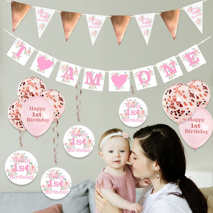 Complete 1st Birthday Decorations Set Pink Floral for Girls with Cake Topper