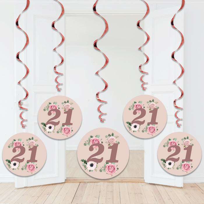 Rose Gold Floral Birthday Swirl Decorations Pack of 6 Ages 13-80