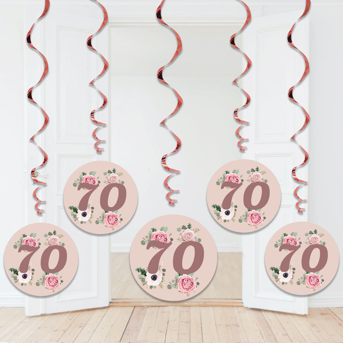 Rose Gold Floral Birthday Swirl Decorations Pack of 6 Ages 13-80
