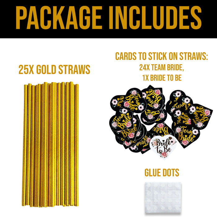 25 Pack Hen Party Paper Straws Black and Gold Floral 24 Team Bride 1 Bride to Be
