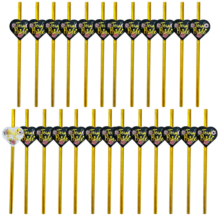 25 Pack Hen Party Paper Straws Black and Gold Floral 24 Team Bride 1 Bride to Be