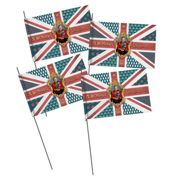 4 Pack King Charles Coronation Vintage Hand Waving Flags 14x21cm