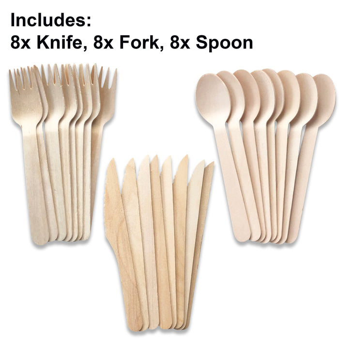 Wooden Cutlery Set - 8x Knife, 8x Fork, 8x Spoon