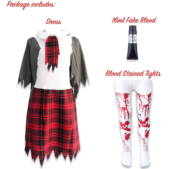 Childrens Kids Girls Zombie School Girl Fancy Dress Costume and Tights